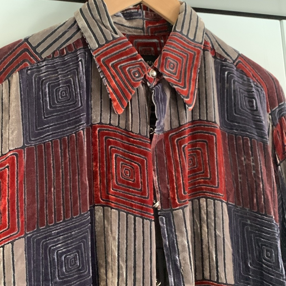 Genelli Silk Blend Geometric Velour Shirt Men’s Button Up Vintage Size Large